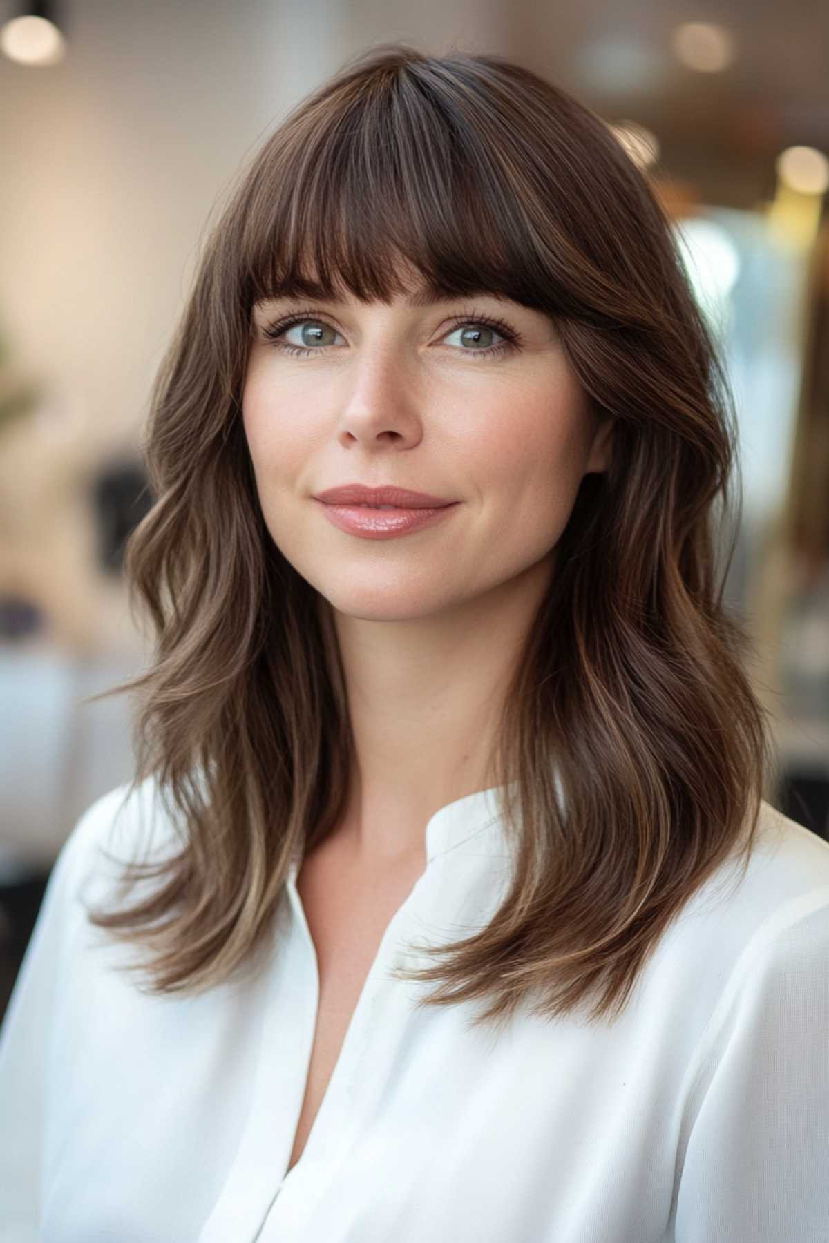 Medium-length hairstyle with choppy bangs and tousled layers