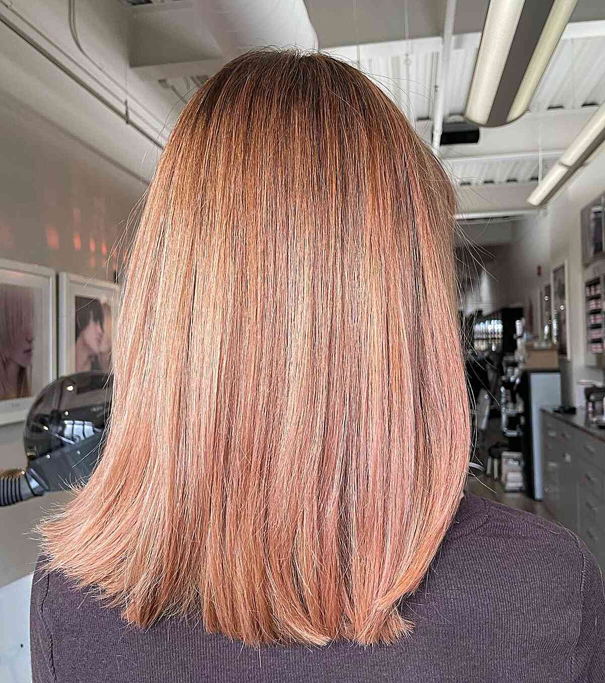 Medium-Length Copper Peach Balayage Hair with Shadow Root