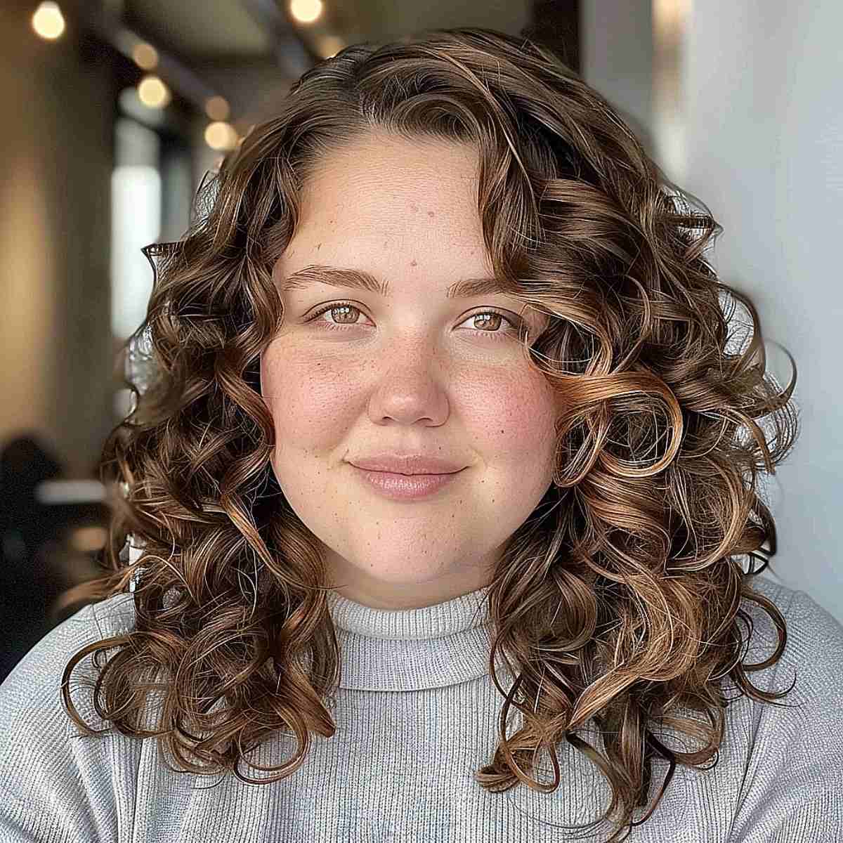 Stunning medium-length curly hairstyle for round face shapes