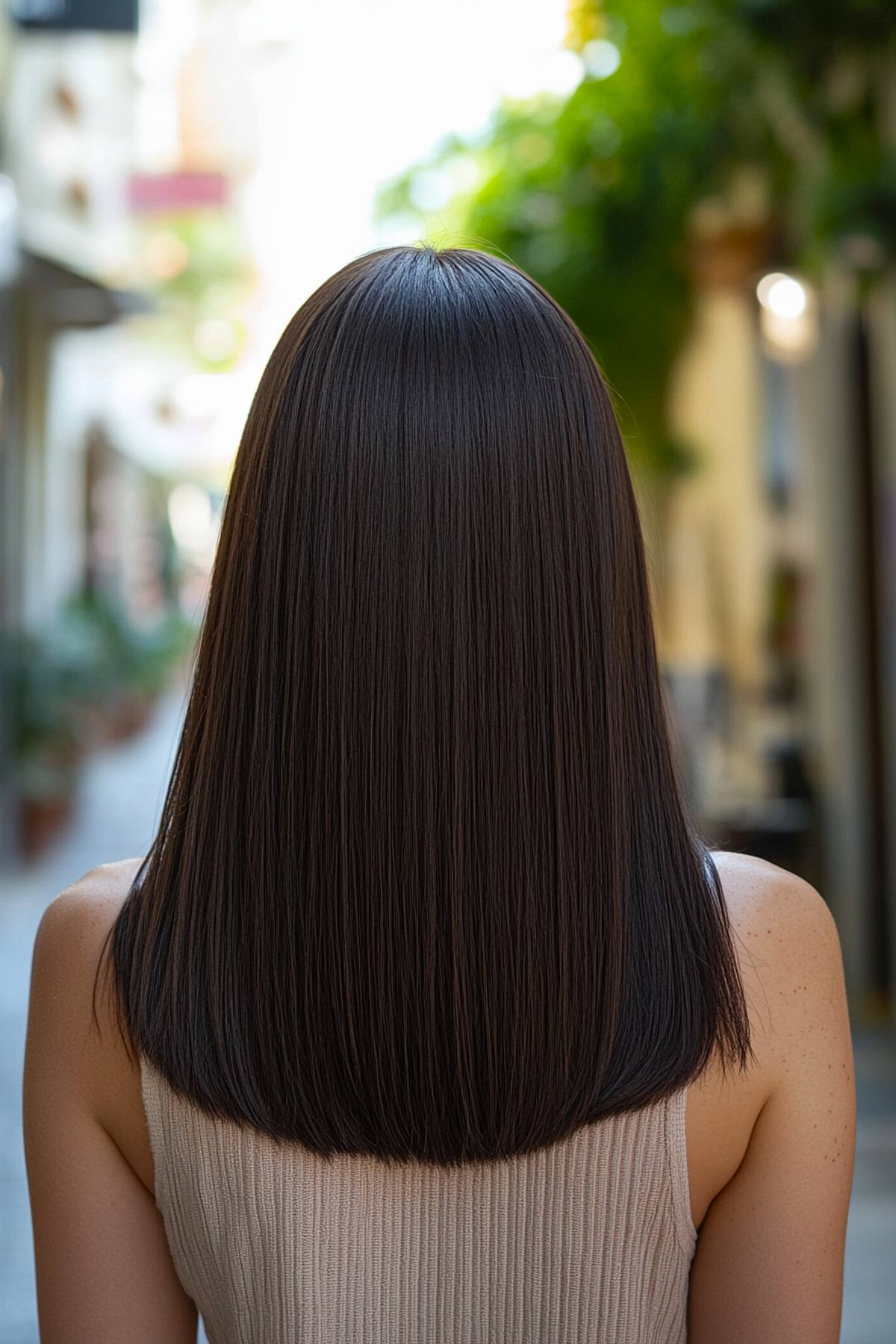 Medium length dark brown hair with a blunt cut