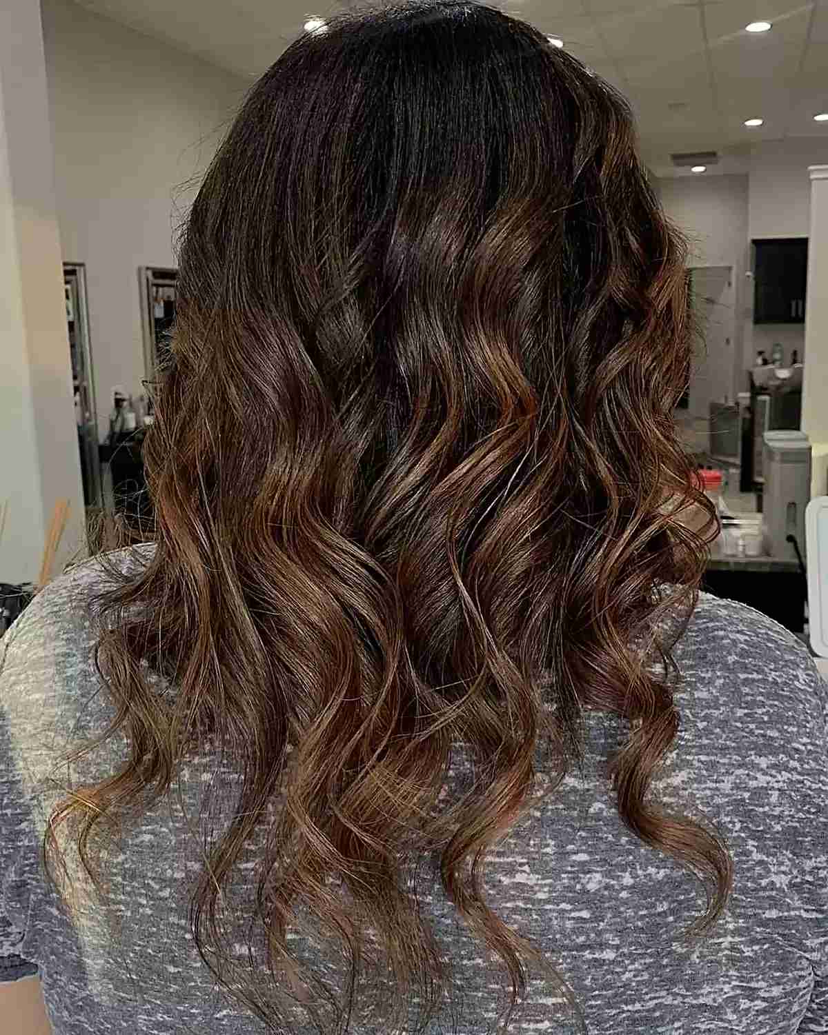 Medium-Length Dark Caramel Brown Balayage Hair with Choppy Waves