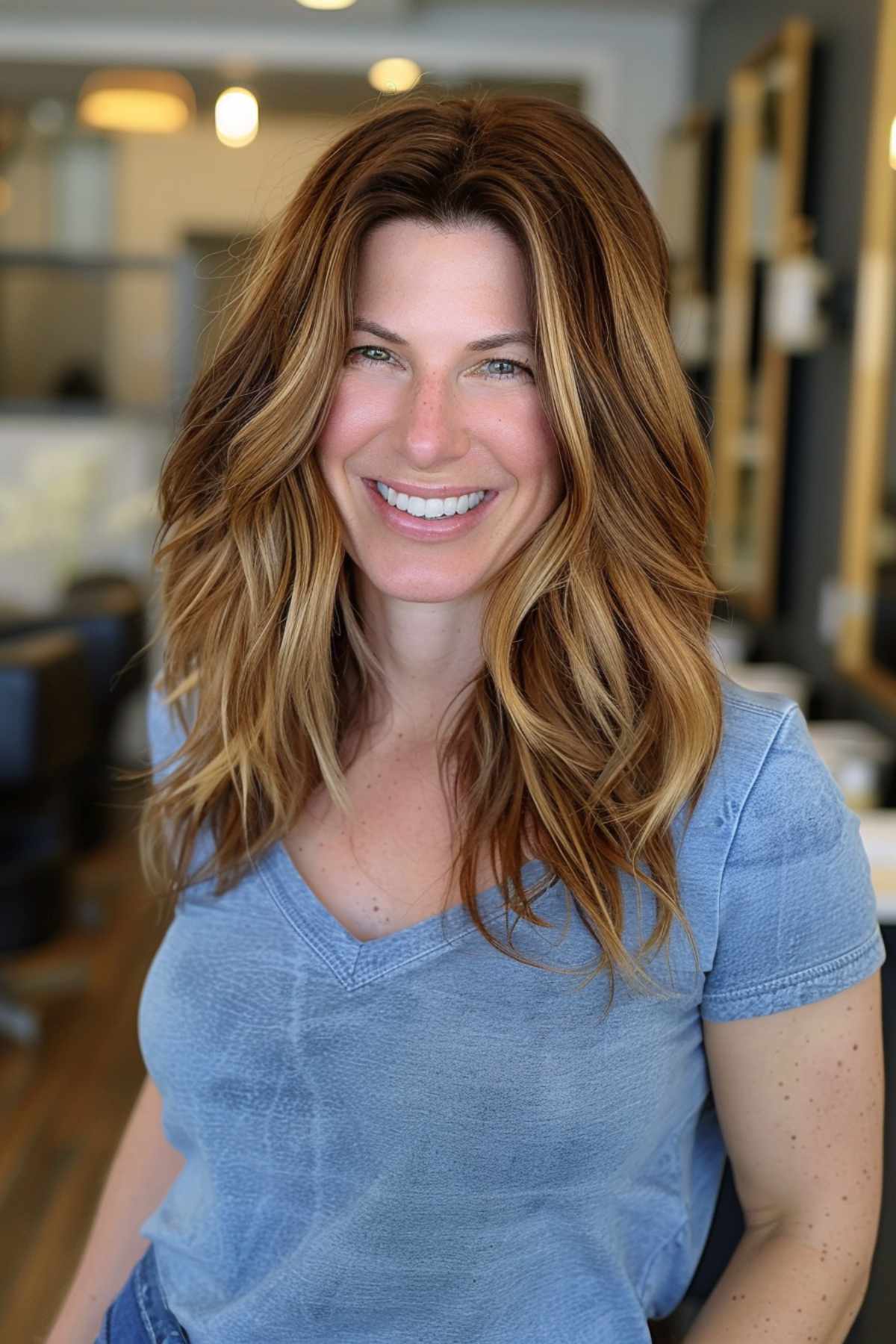 Medium length face-framing layers with caramel highlights on wavy hair