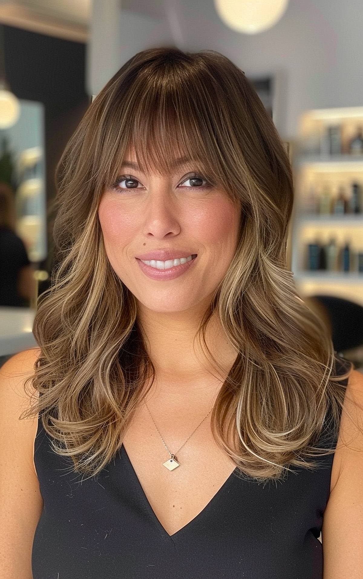 Medium length face framing layers with bangs for women seeking layered cuts