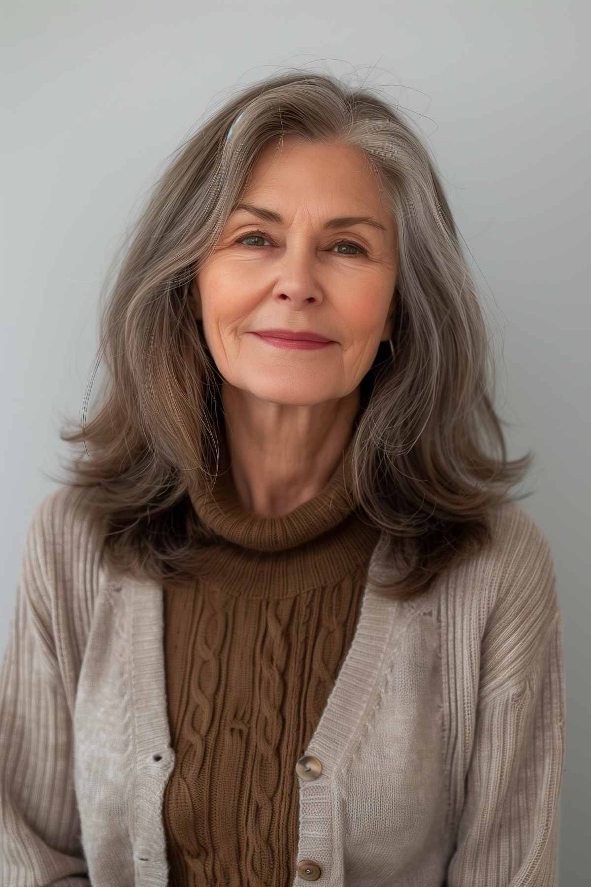 Medium-length haircut with feathered ends on a woman with grey hair