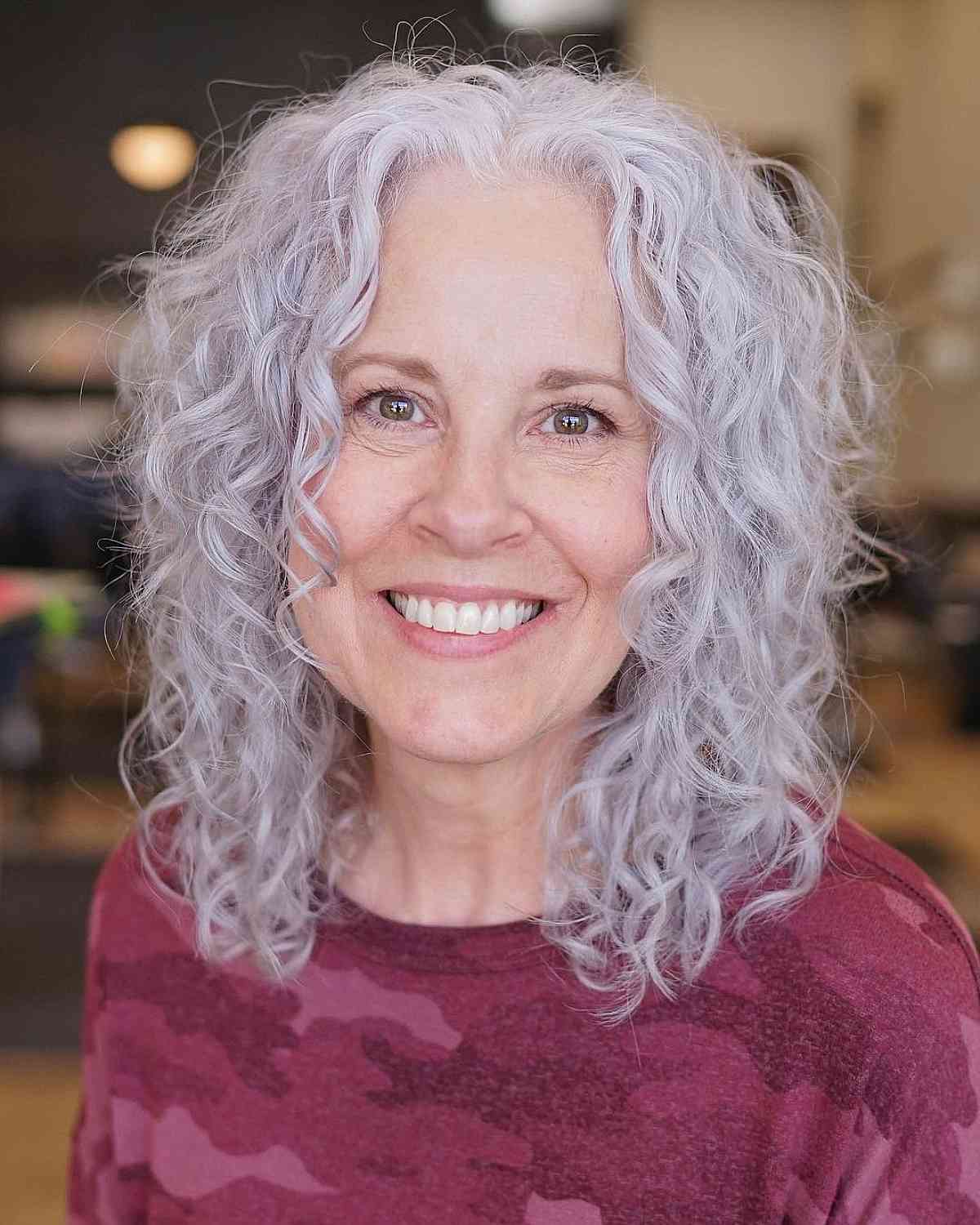 Medium-Length Gorgeous Gray Curls with a Middle Part