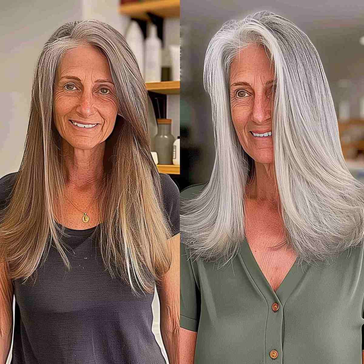 Medium-Length Gray Balayage Straight Hair for Ladies Aged 60