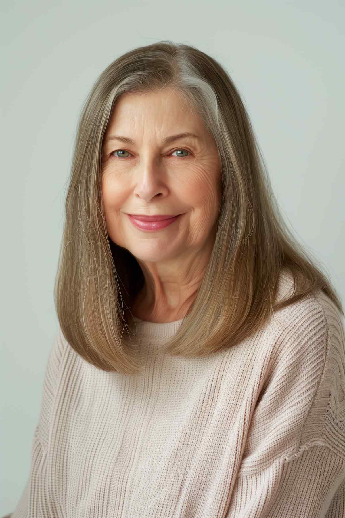 Medium-length grey hair with a side part on a woman