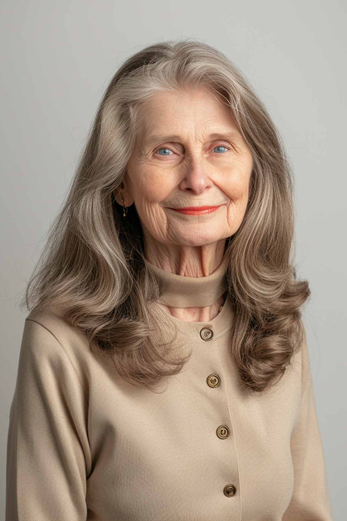 Medium-length grey hair with soft waves on a woman