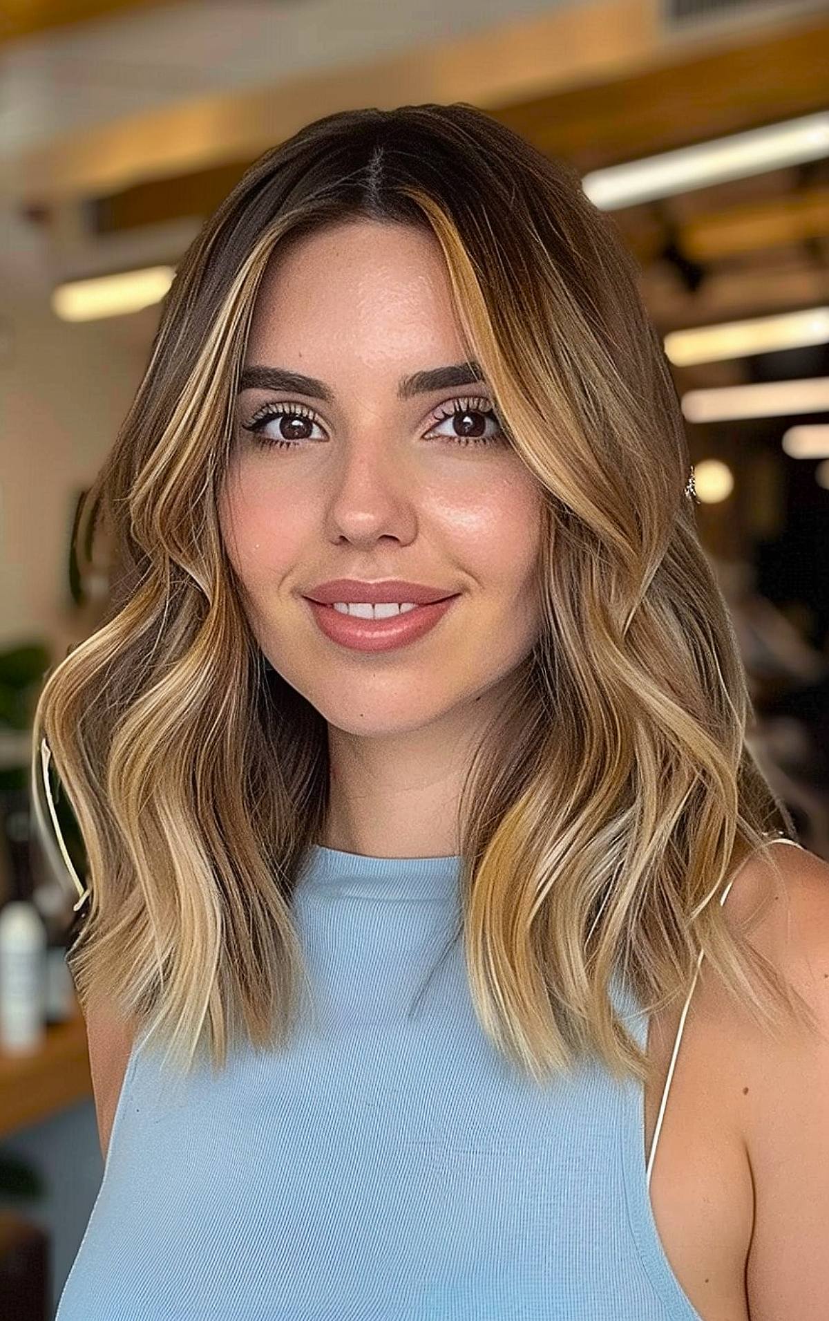 Medium-length hair with face-framing balayage and soft waves