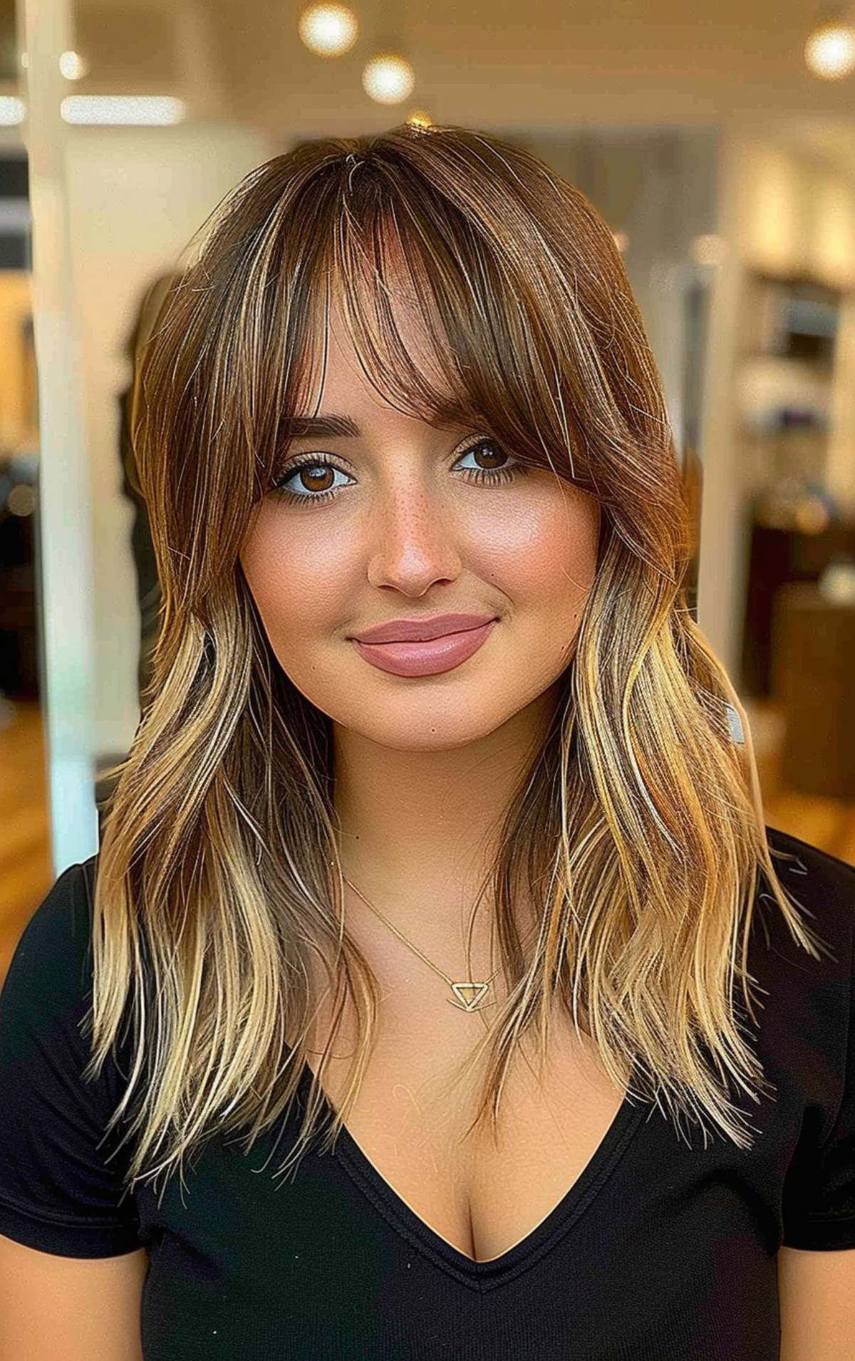 Mid length shaggy haircut with bangs for women looking for medium shag haircuts