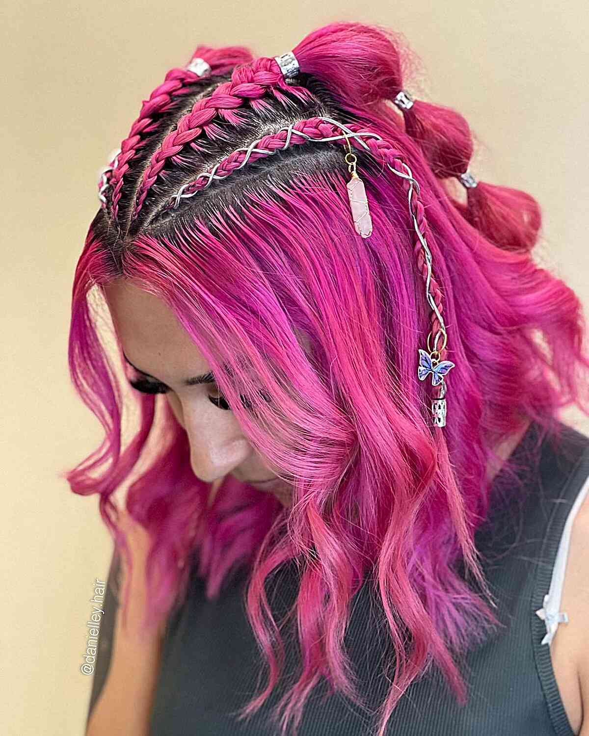 Medium-Length Hot Pink Hair with Braids and Accessories for Festivals