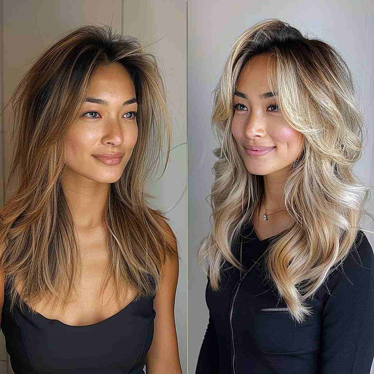 Medium-length transformation with balayage layers, ideal for heart-shaped faces, adding volume and texture.