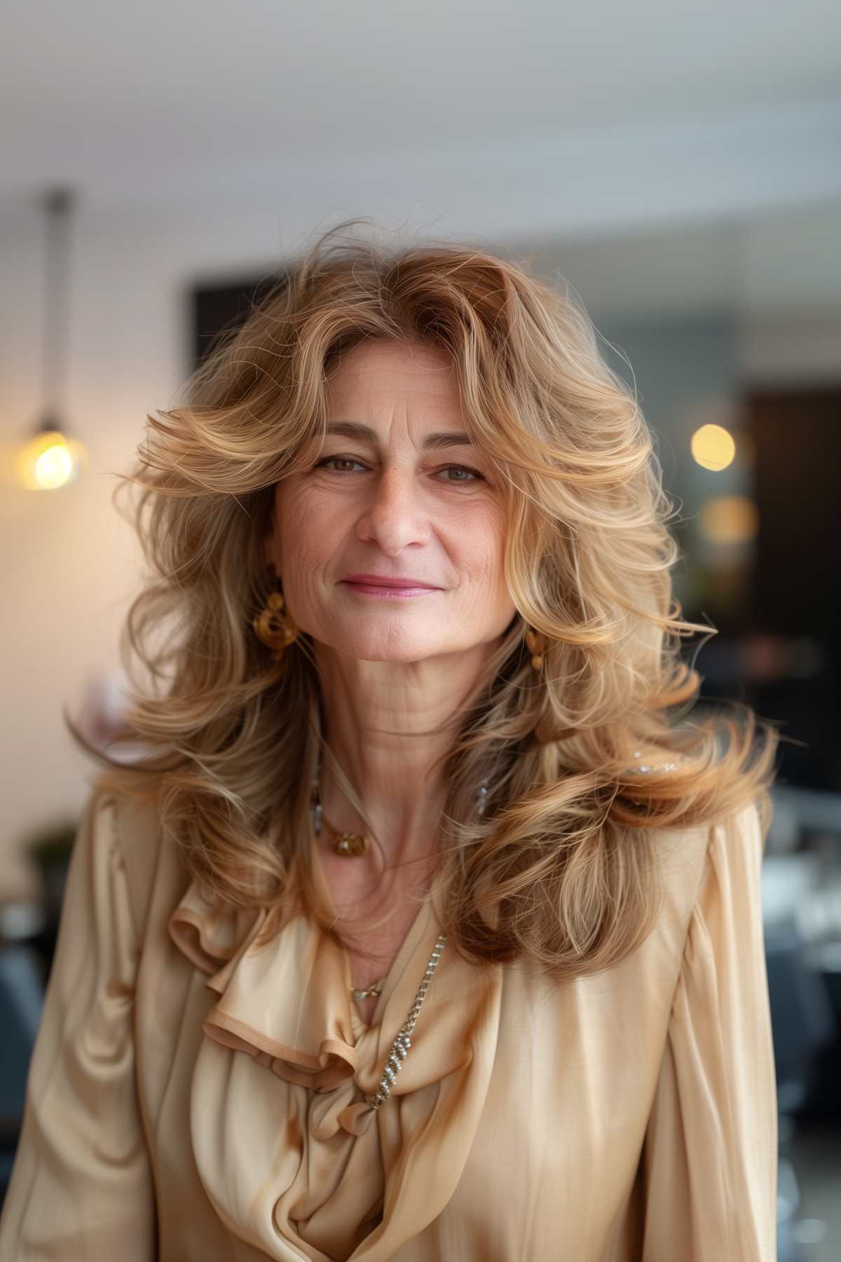 Woman with medium-length shag haircut and waves, ideal for adding volume to thick hair