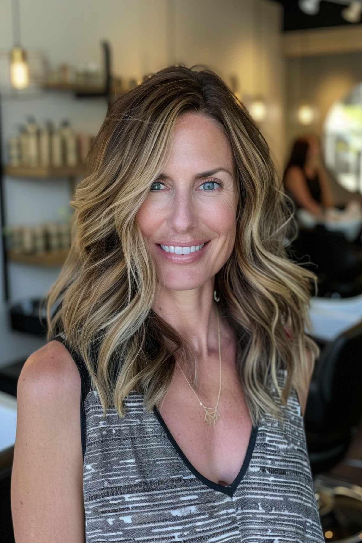 Medium-length haircut with layers and side-swept bangs