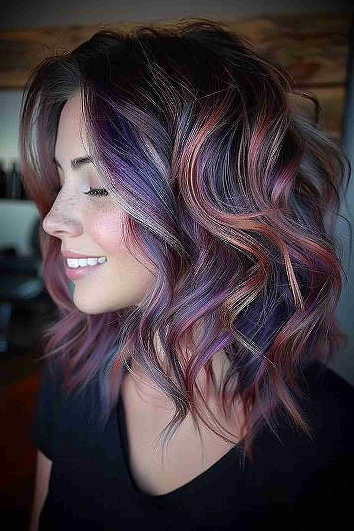 Medium-length wavy lob with a blend of pastel and deep metallic rainbow colors.