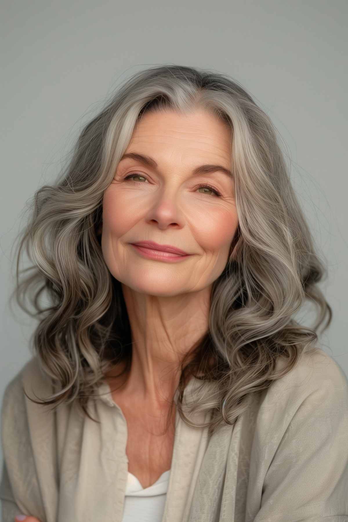 Medium-length wavy grey hair on an older woman