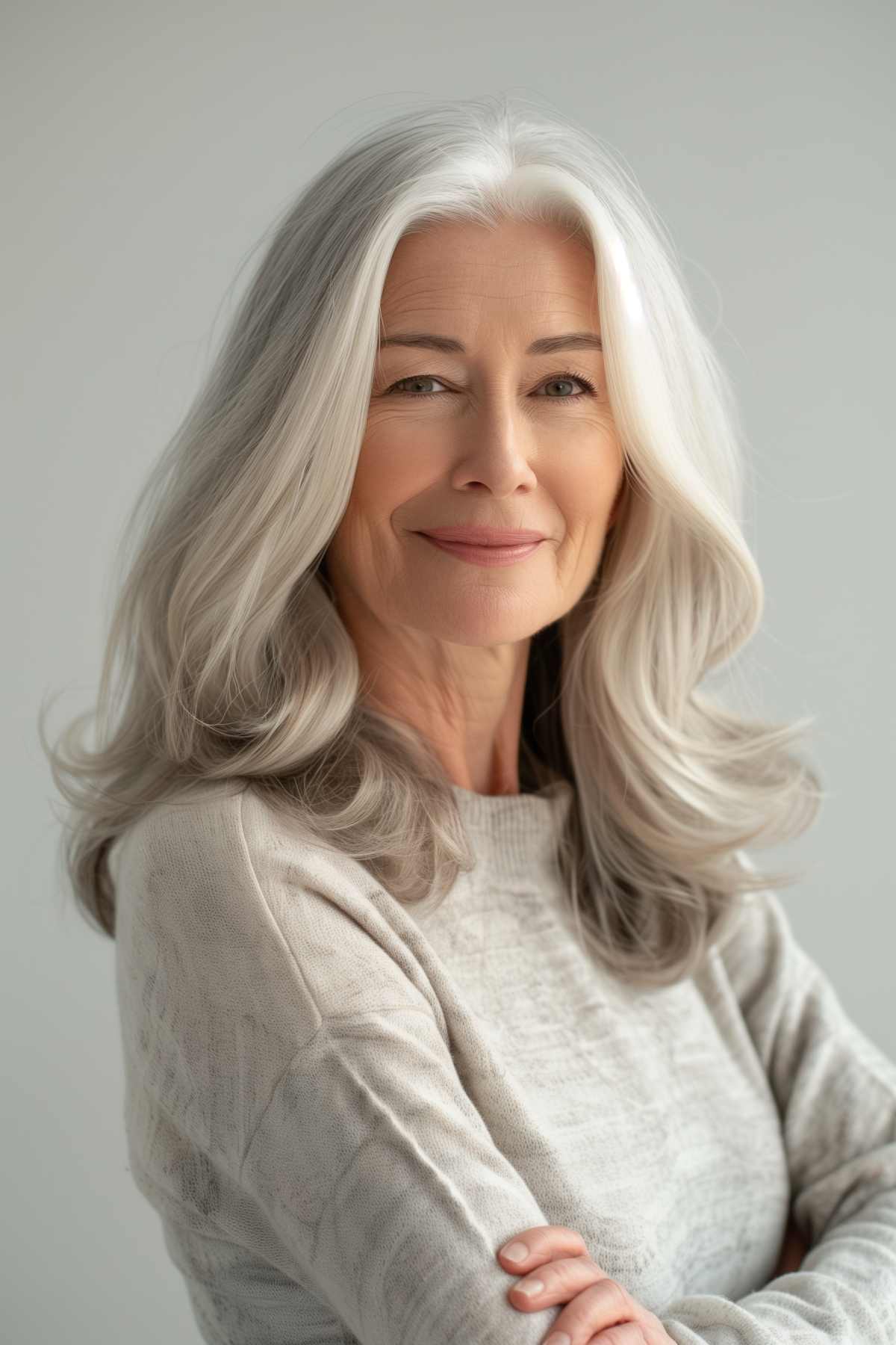 Medium-length sleek grey hair with subtle layers on a woman