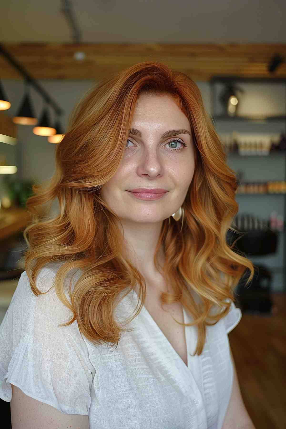 Medium-length strawberry blonde hair styled into soft waves