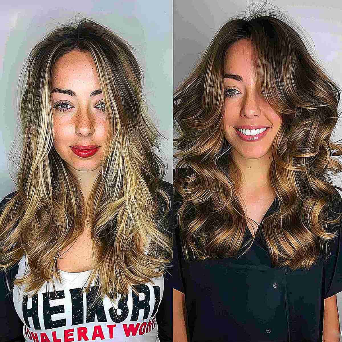 Medium length chocolate brown hair transformed from straight with light ends to voluminous curls, illustrating a versatile styling option for wavy to curly textures.