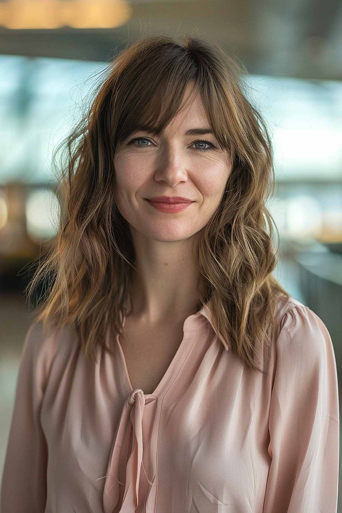 Woman with medium length wavy hair and soft bangs at the airport