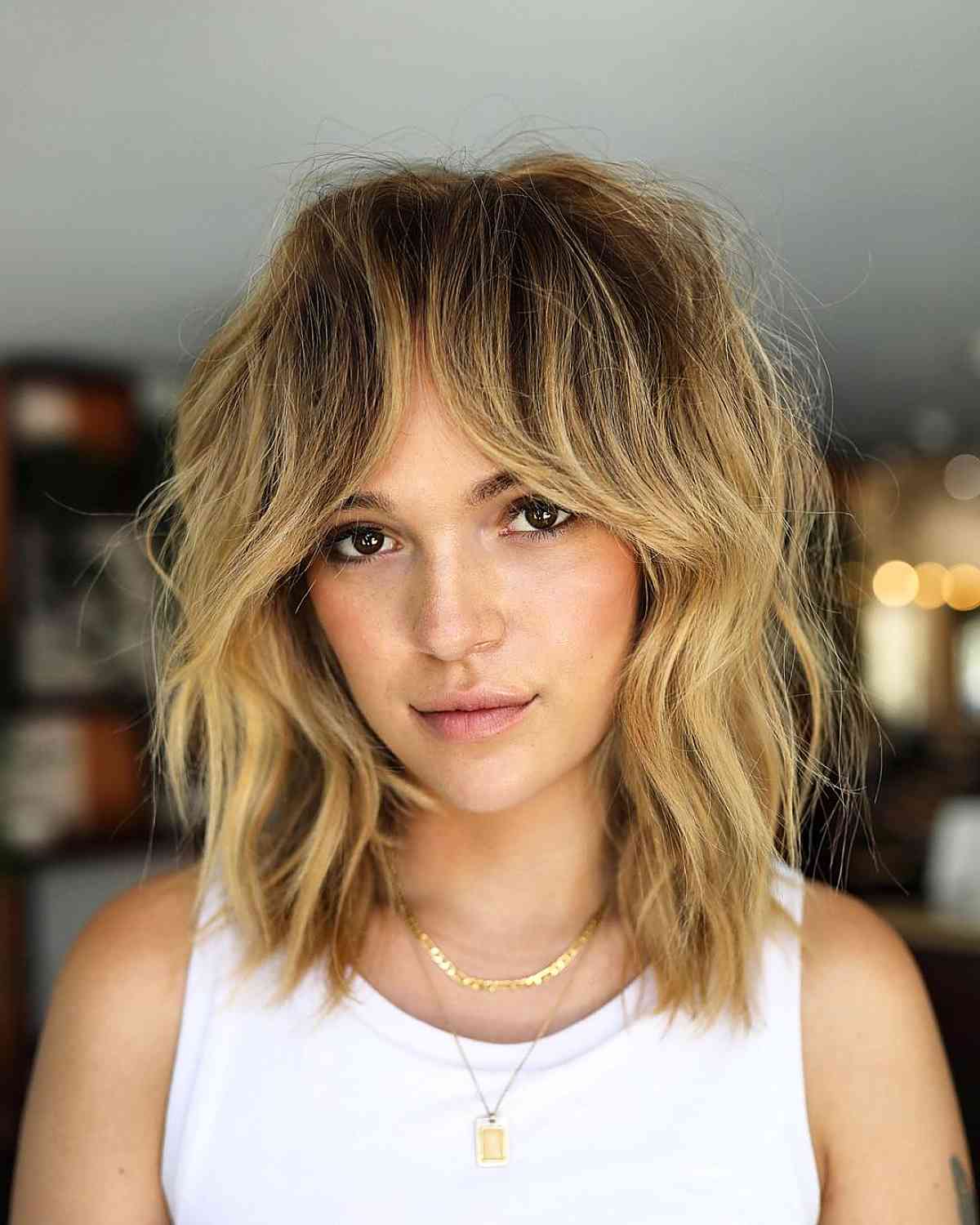 59 Cute Shoulder-Length Hair with Bangs for An Instant Makeover