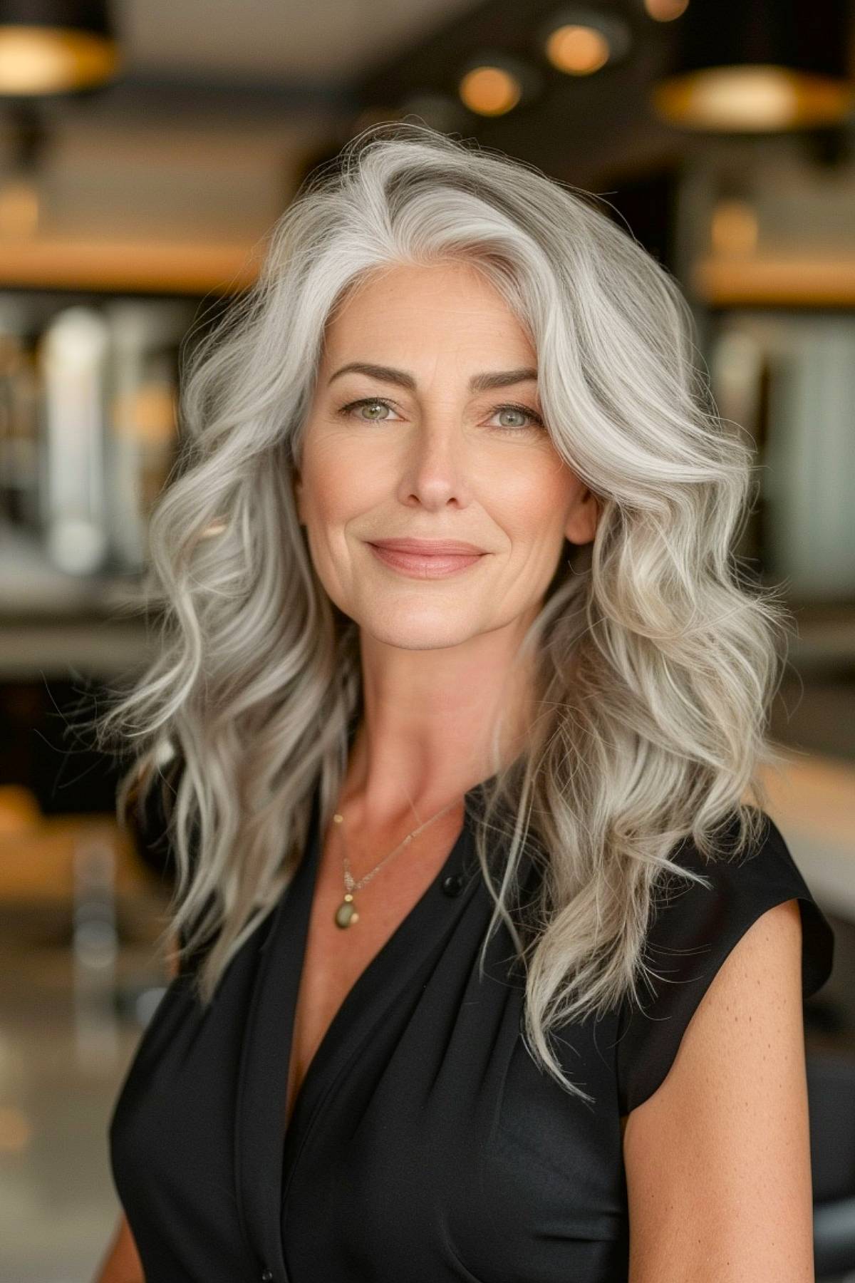 Medium-length wavy gray hairstyle with soft curls