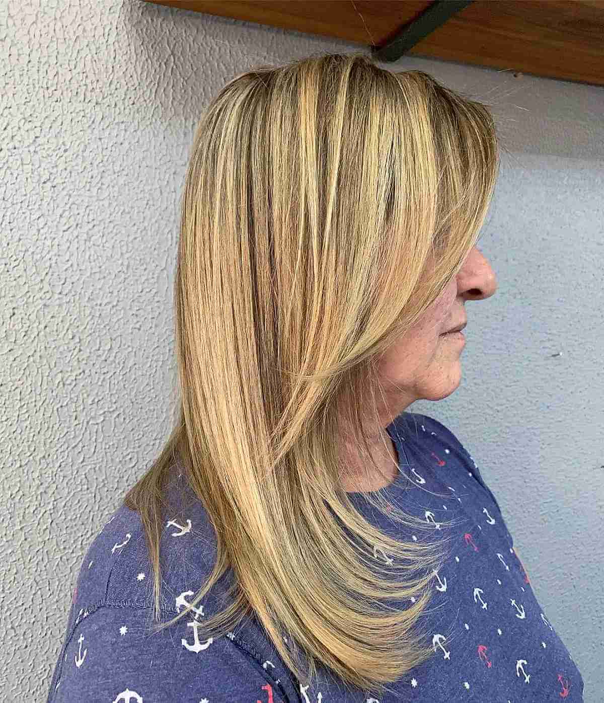 Medium-Long Blonde Hair with Long Side Bangs for Old Women