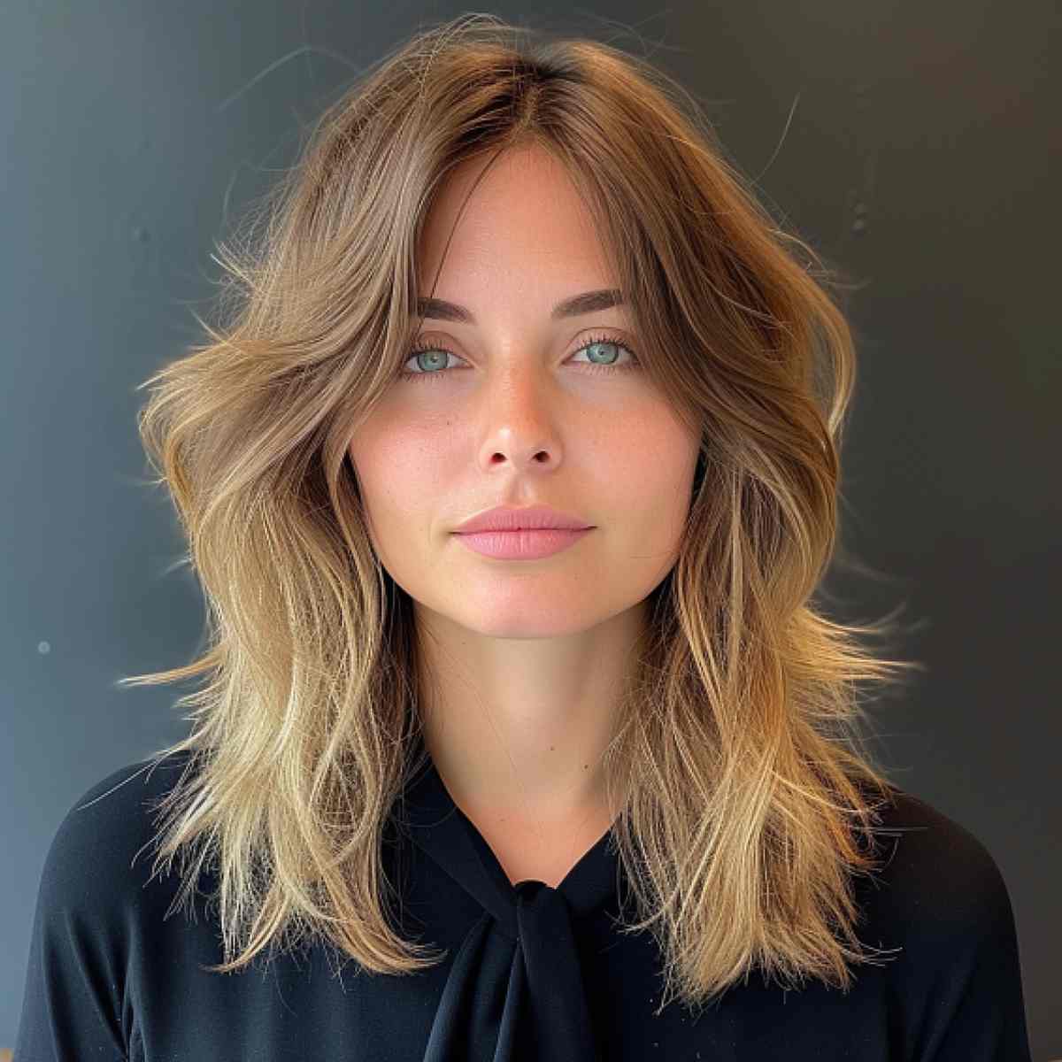 Medium messy layered hairstyle to flatter square face shapes