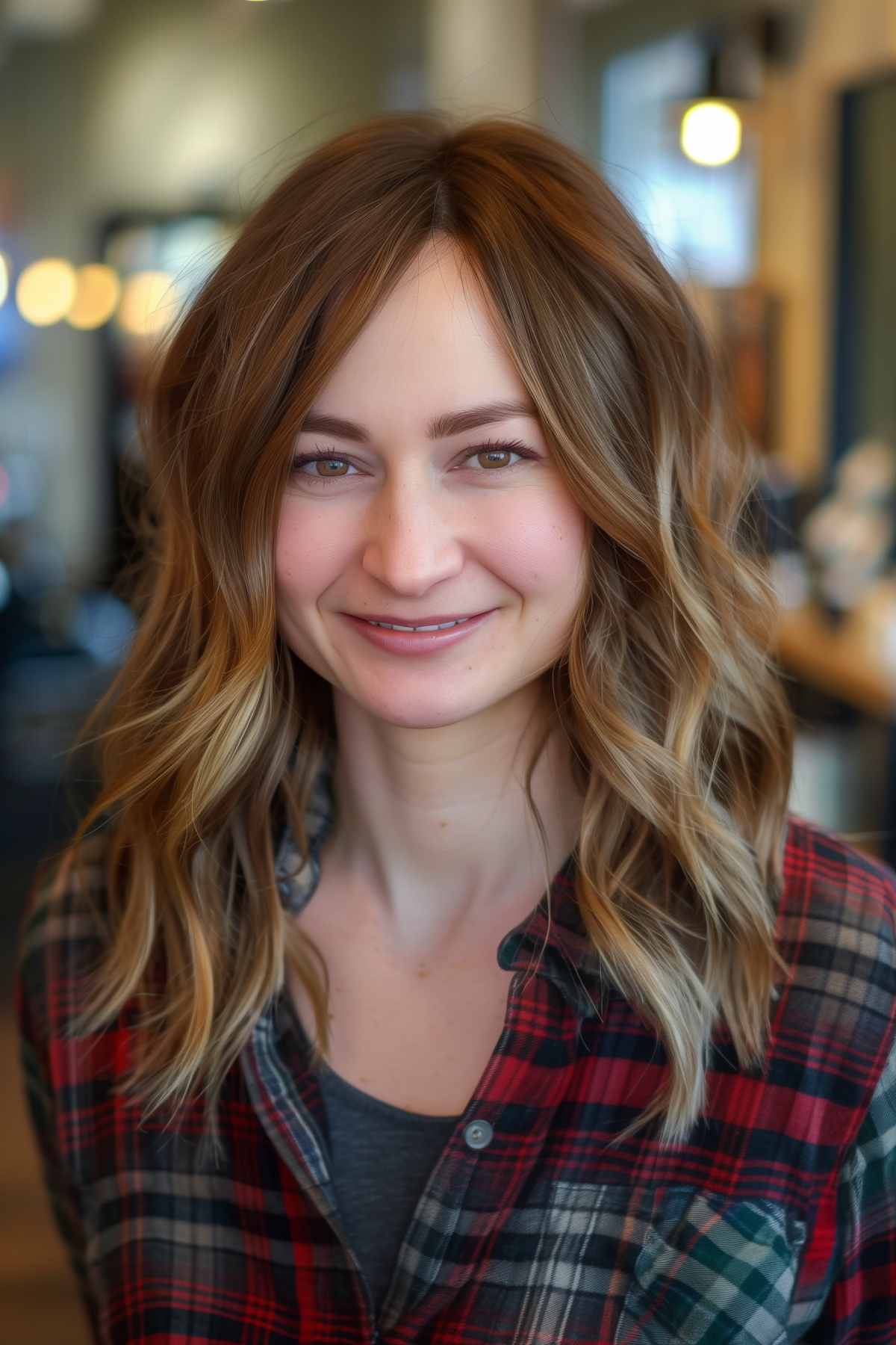 Medium-length no bangs choppy shag hairstyle with loose waves and balayage highlights