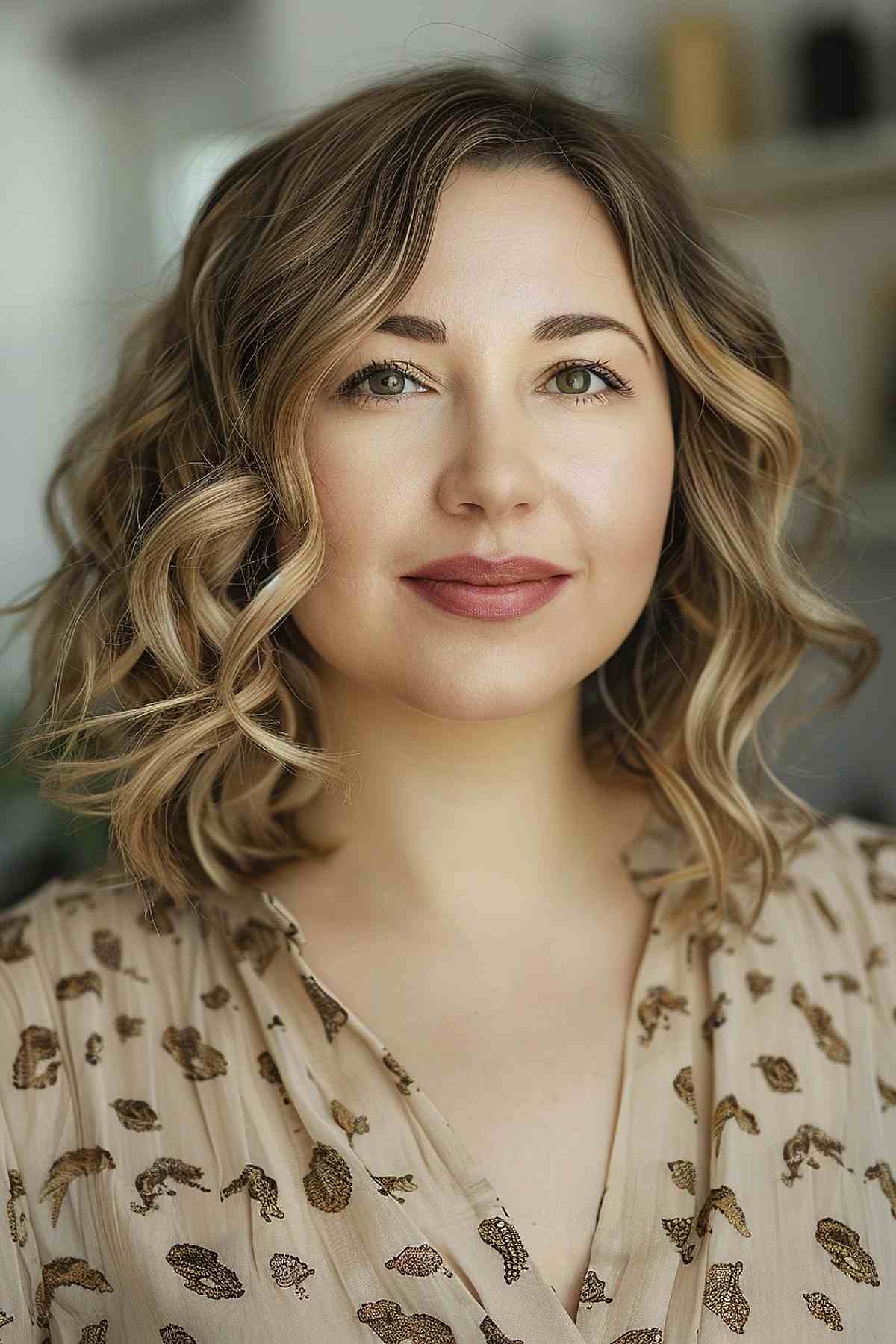 Woman with medium-length hair styled in curls, ideal for round face shapes, achieved through a perm