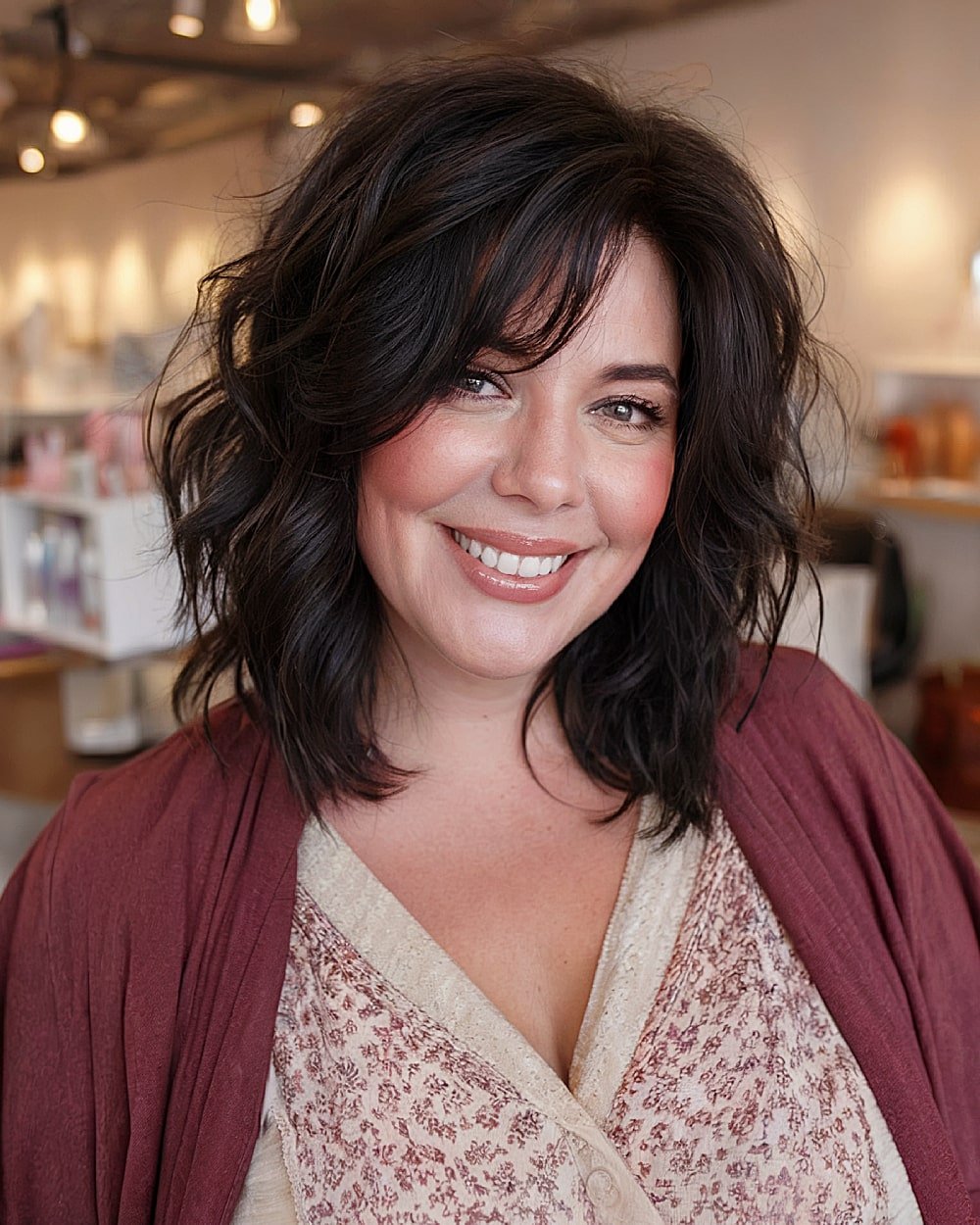 Tousled medium razor cut with layered bangs for round faces over 40