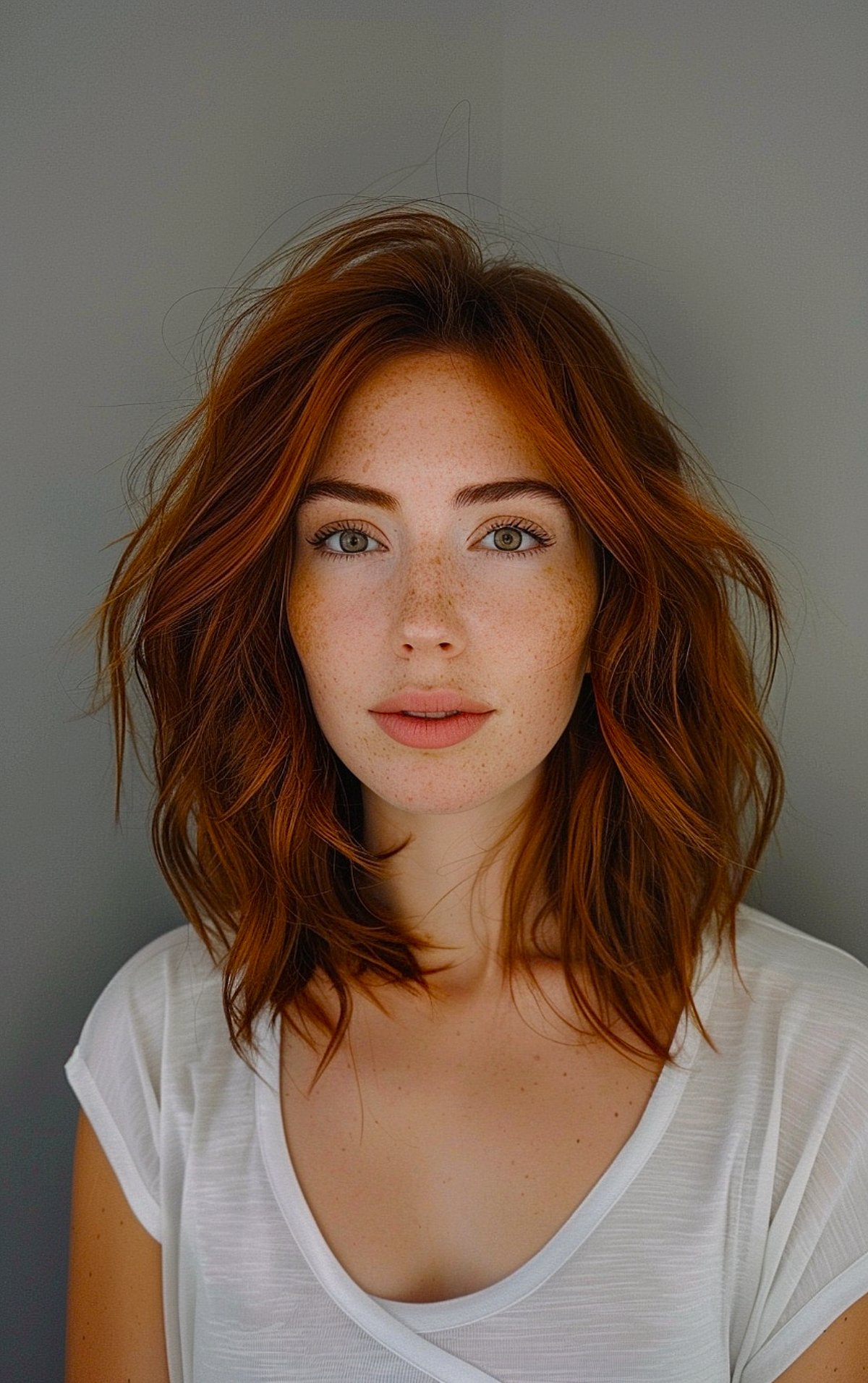 Medium-length haircut with choppy layers and soft copper color