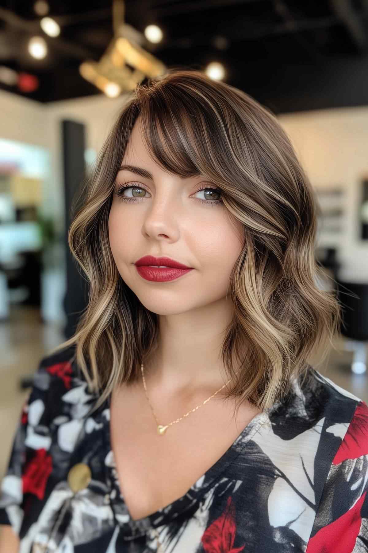 Medium shaggy bob with side bangs for fine hair