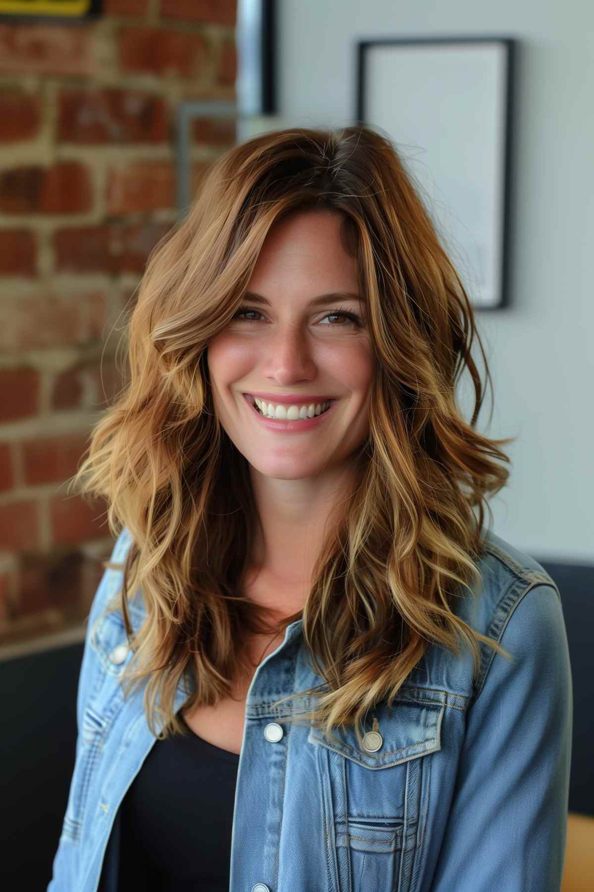 Medium-length side part choppy shag hairstyle with soft waves and balayage highlights