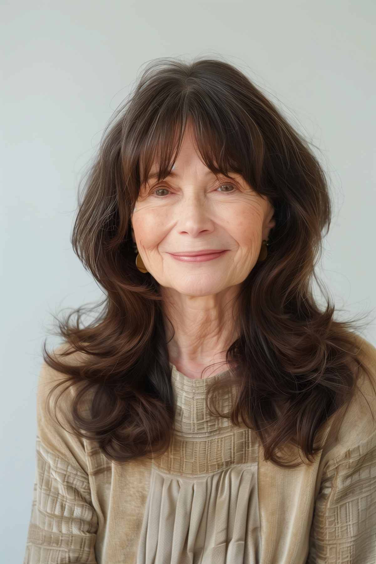 Medium-length brown hair with soft layers and curtain bangs on a woman