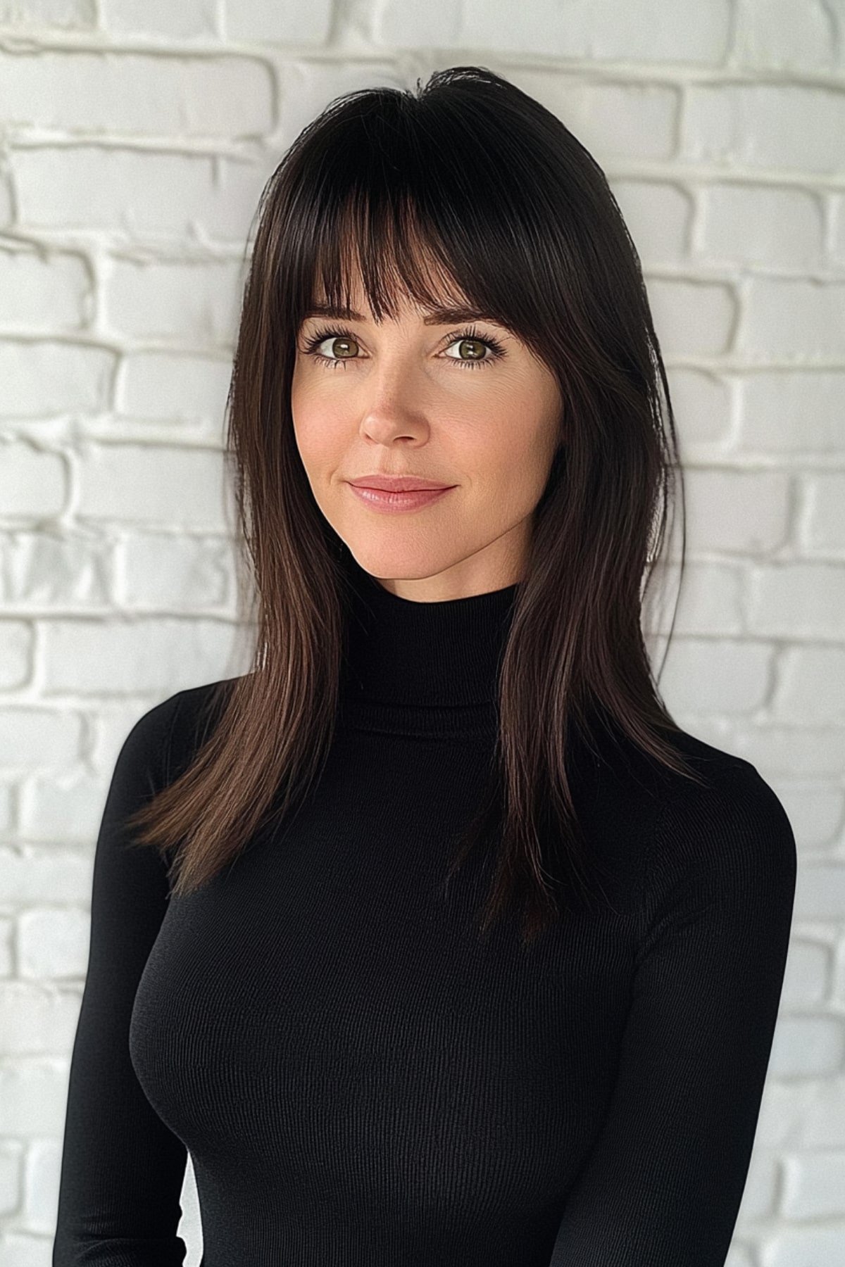 Medium straight haircut with bangs for women looking for medium straight styles