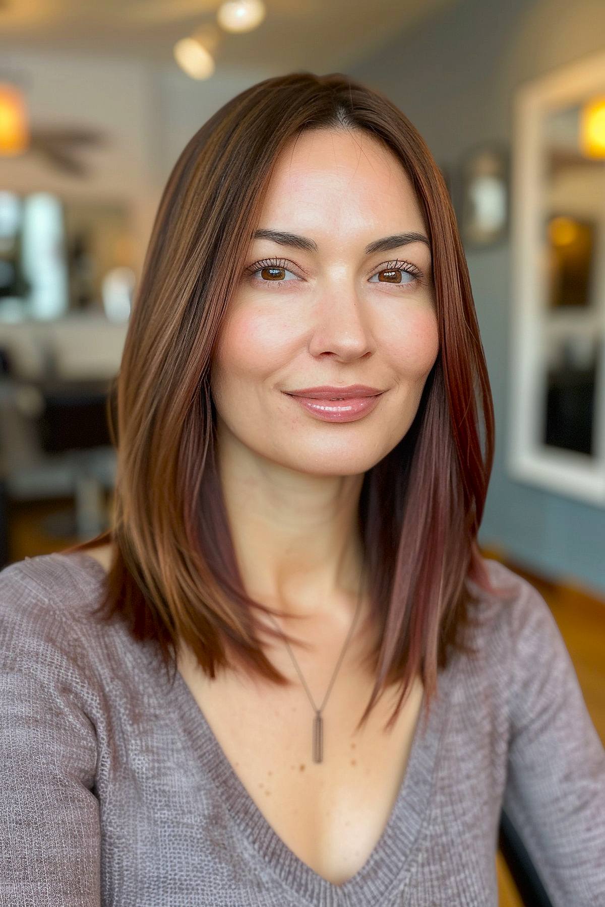 Sleek medium-length straight hairstyle with layers