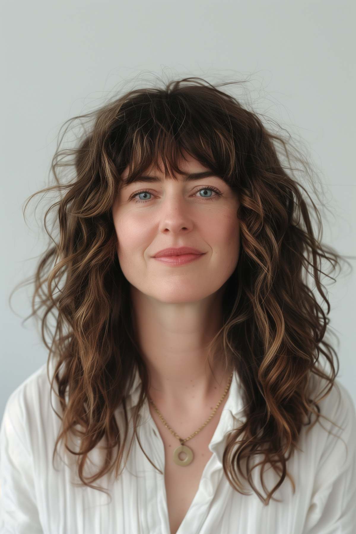 Medium textured shag with layered bangs, adding volume and texture for a modern, carefree look