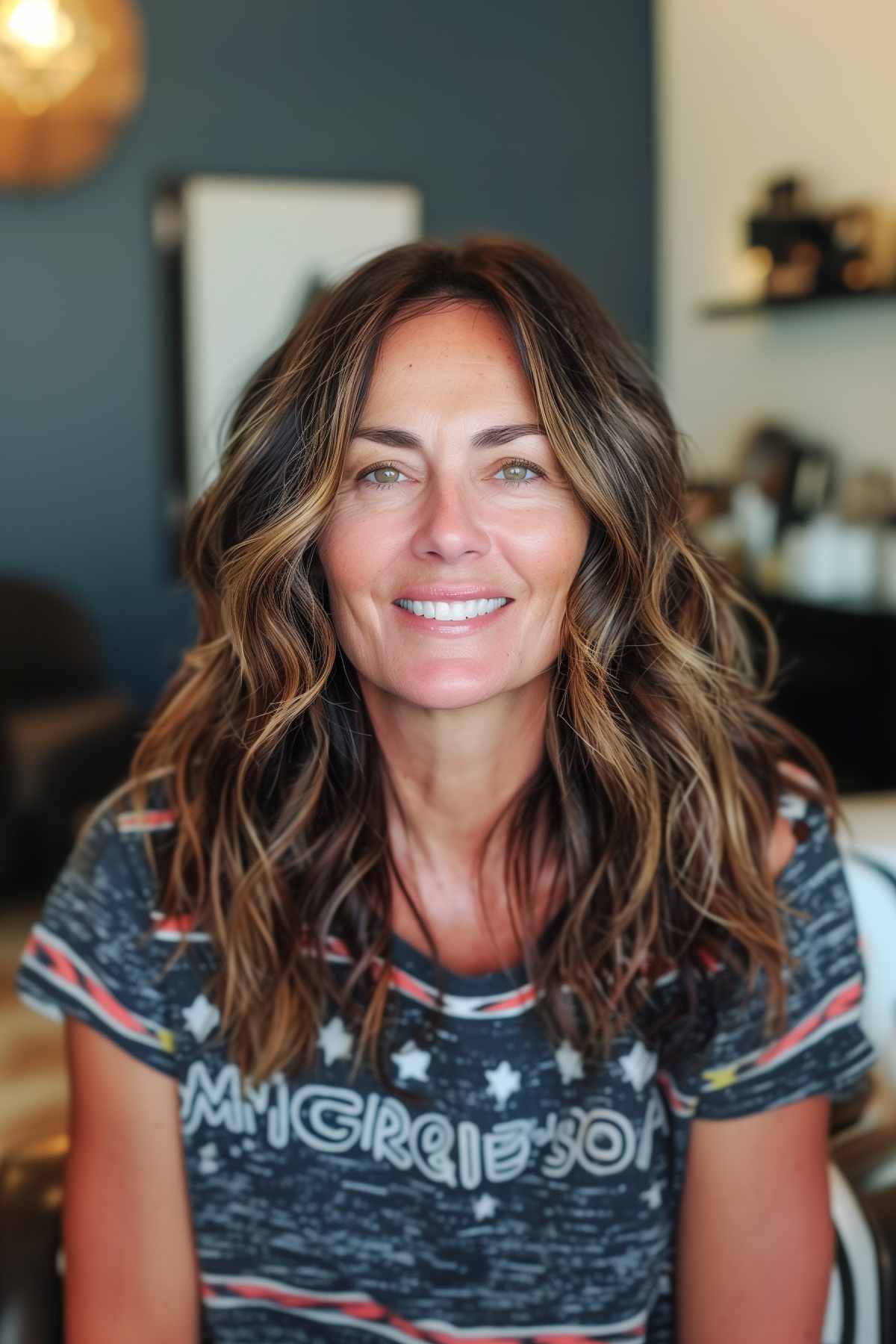 Medium-length thick hair choppy shag with beachy waves and subtle highlights