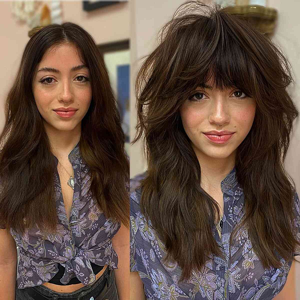 Medium Thick Hair with a Root Lift for ladies with bangs and a mid-length chop