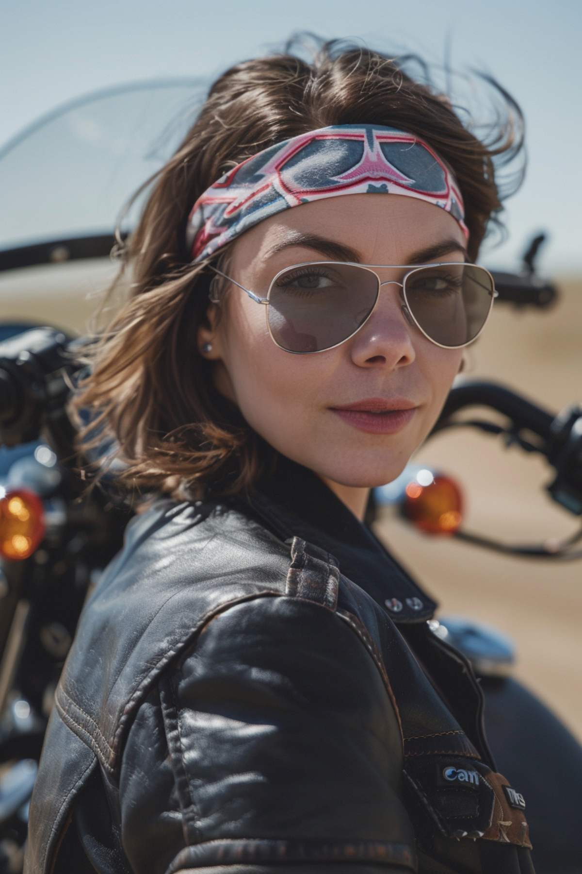 Woman with medium waves and headband accessory in a biker jacket