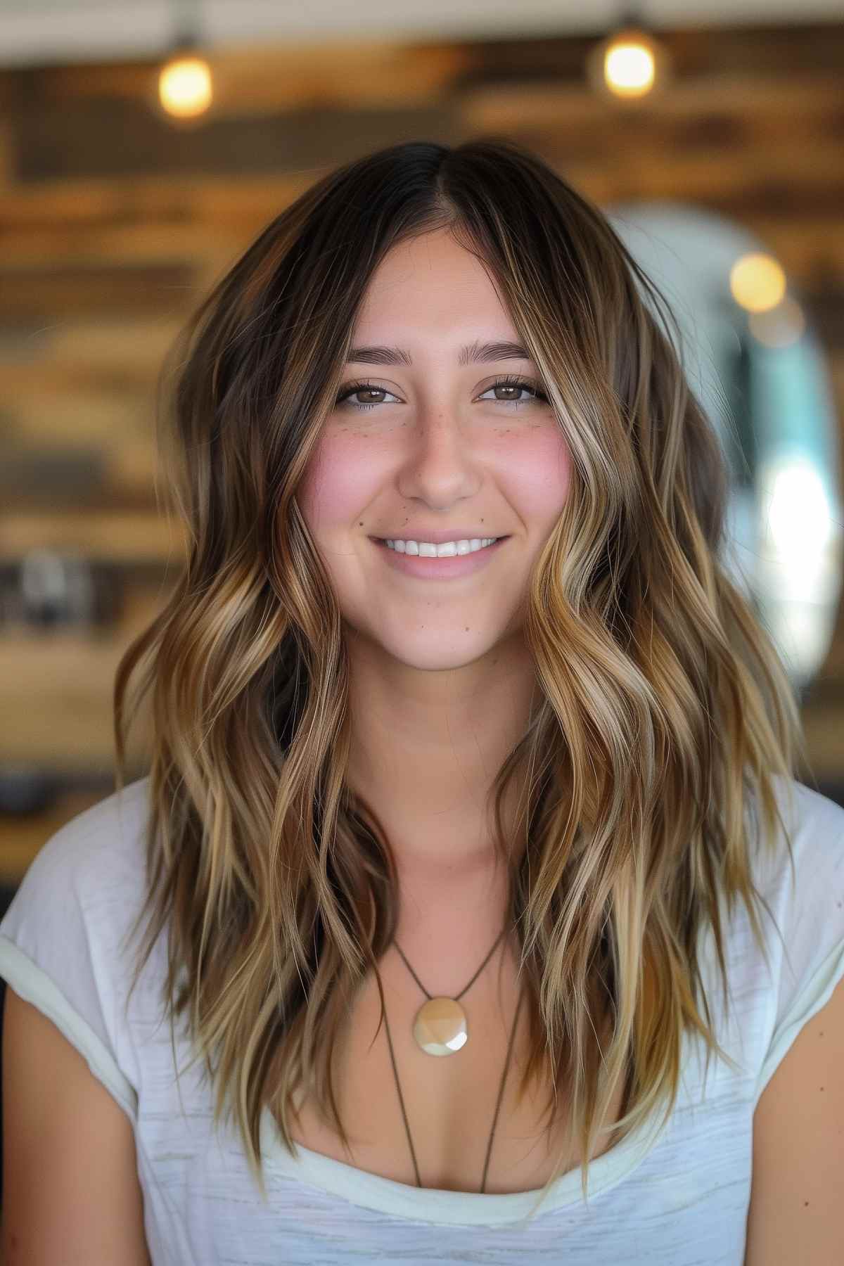 Medium-length wavy choppy shag hairstyle with face-framing highlights