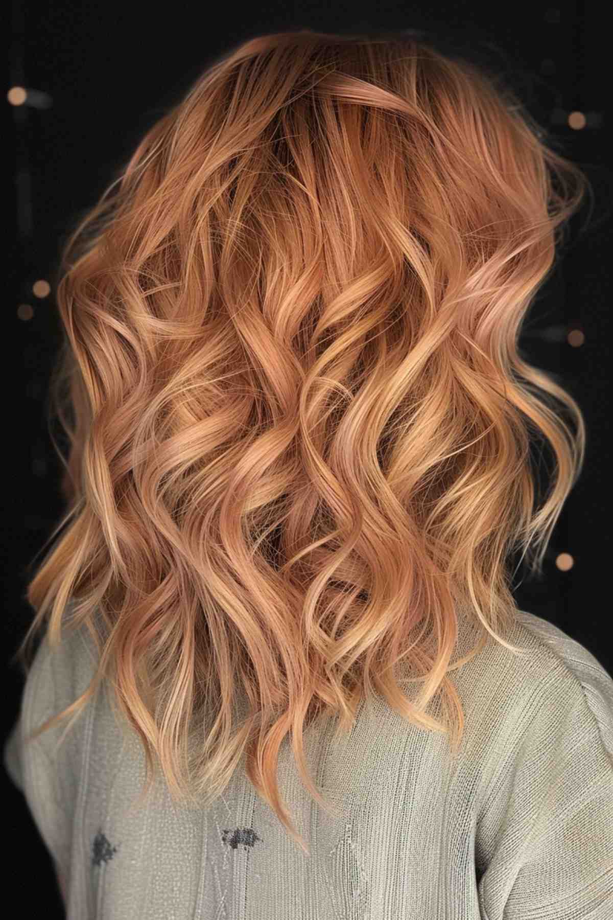 Medium-length wavy hair with peach balayage on strawberry blonde