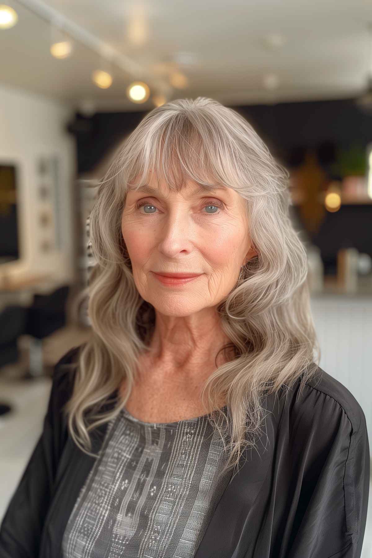 Older woman with medium-length wavy hair and choppy bangs