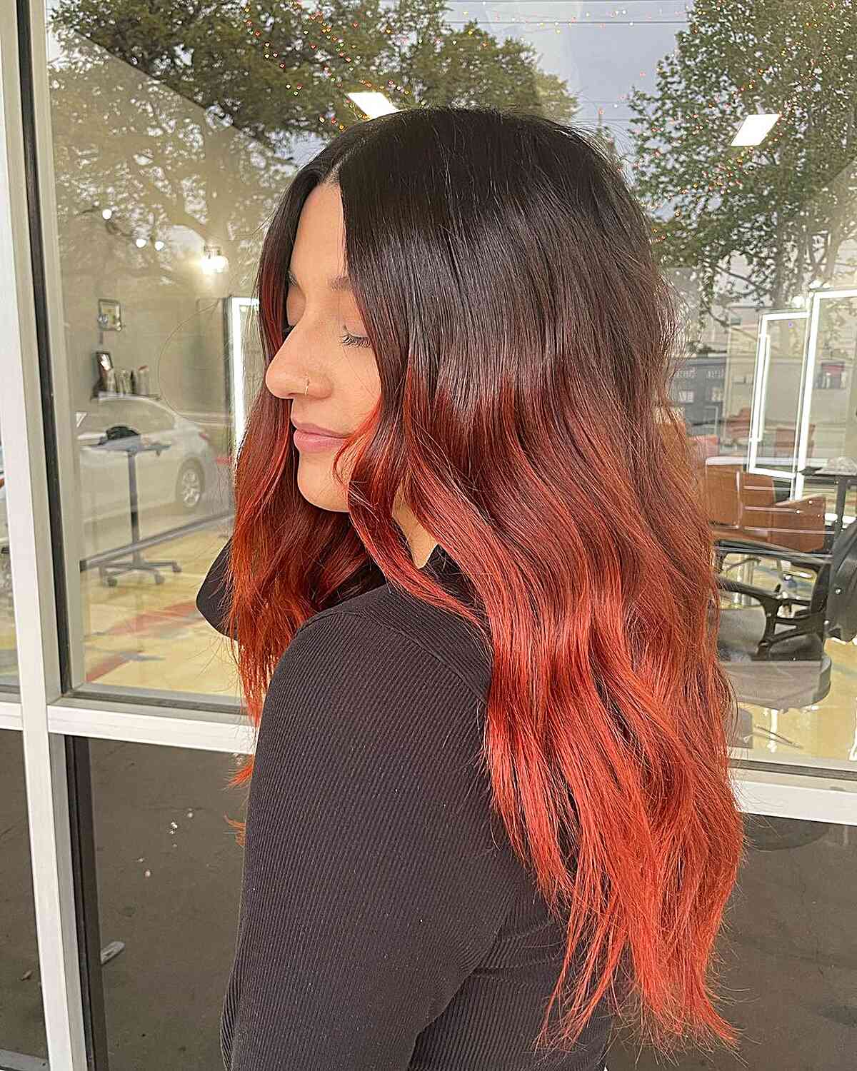 Long-Length Melted Dark Brown to Cherry Red Balayage Ombre Hair