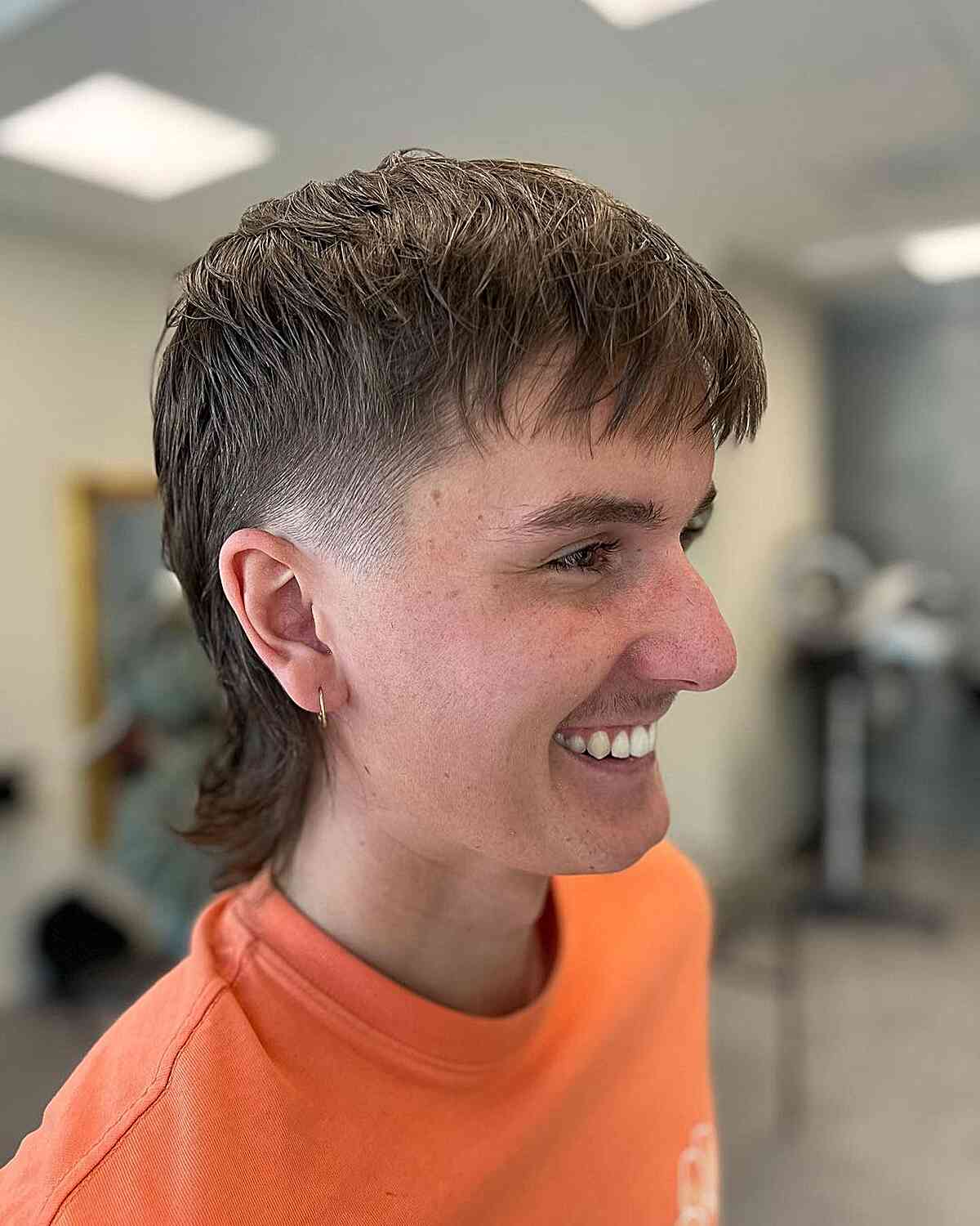 Men's Temple Fade Mullet with Choppy Textured Straight Bangs