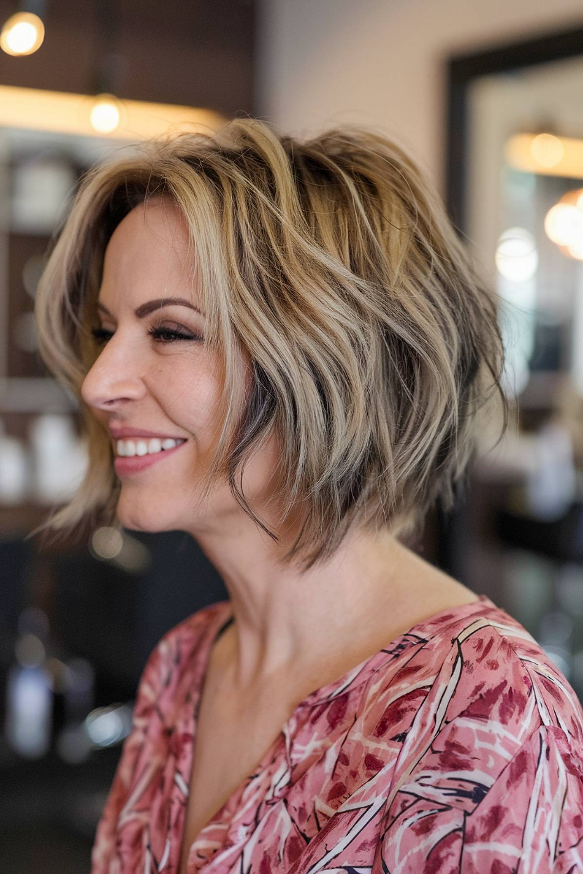 A tousled messy angled bob with choppy layers and textured waves, adding volume and movement to fine and medium hair