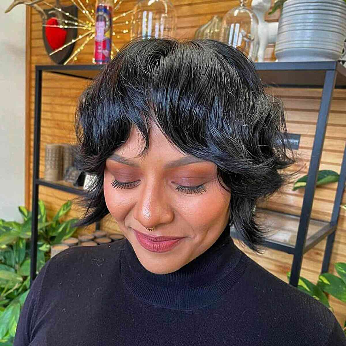 Jet Black Messy Bob with Bardot Bangs for women with short hair