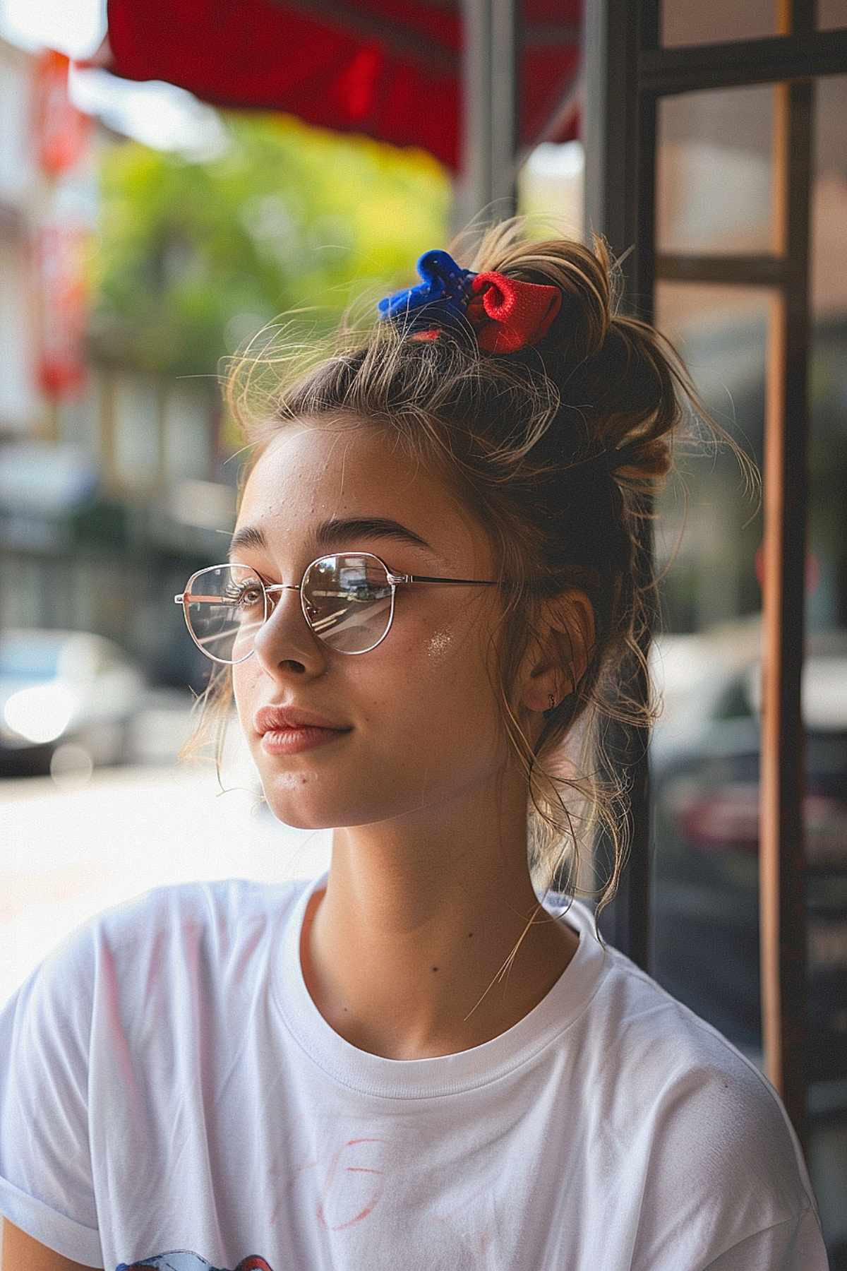 Messy bun with red and blue scrunchies for 4th of July