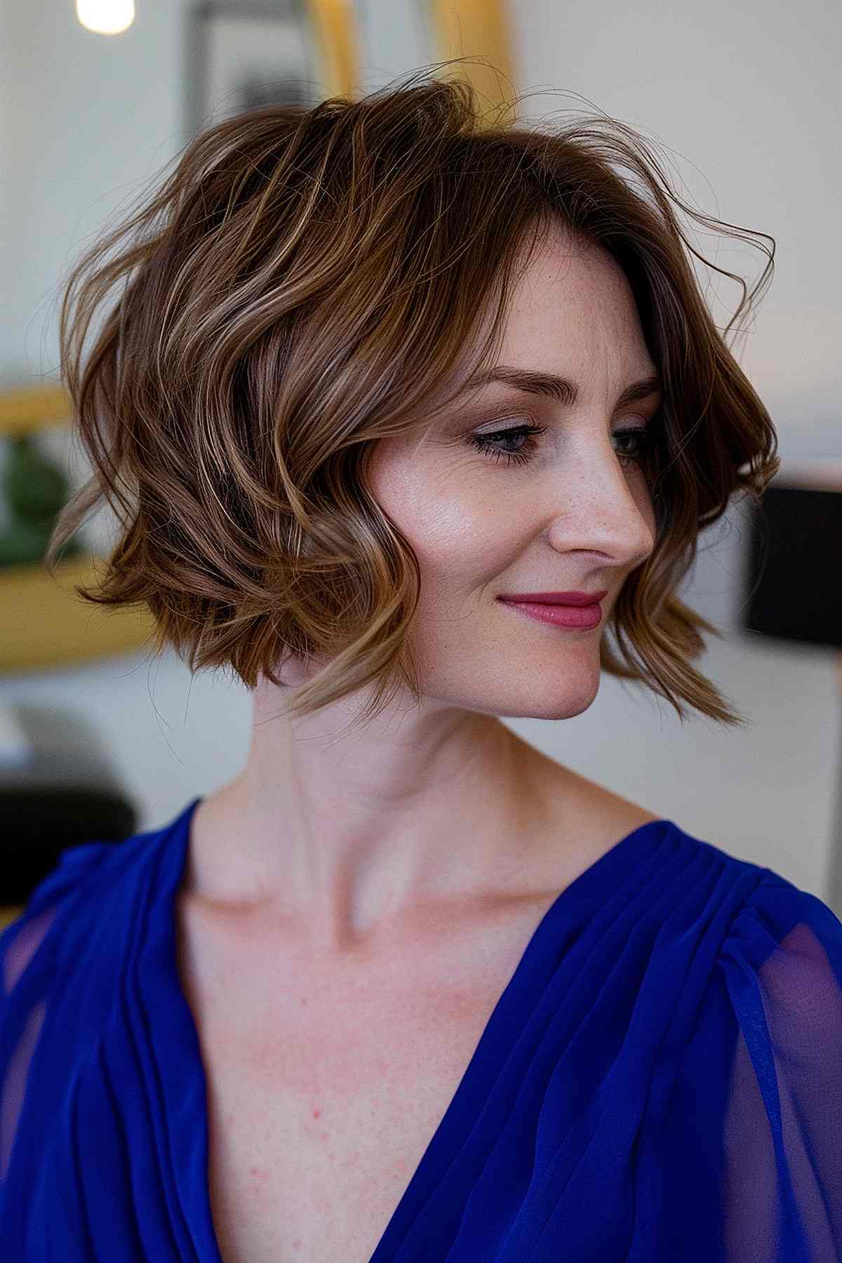 A messy chin-length bob cut with a side part and choppy layers.